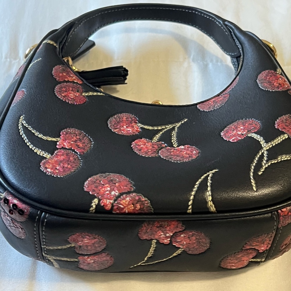 Coach Black Leather Shoulder Bag with Cherry Sequin Embroidery - Picture 5 of 6